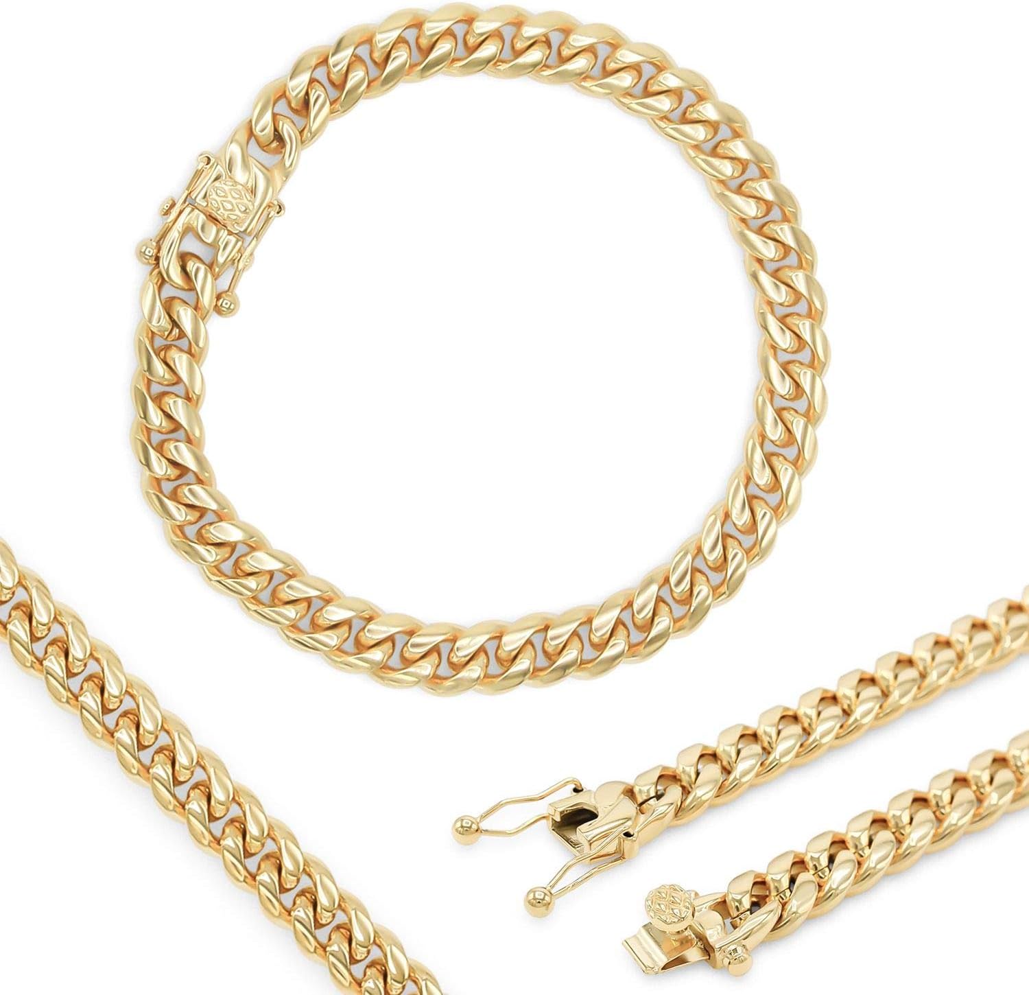 BEBERLINI Cuban Link Chain 14K Gold Plated Curb Necklace 30" Bracelet 9.5" Stainless Steel Fashion Jewelry for Men 6 mm - 18 mm