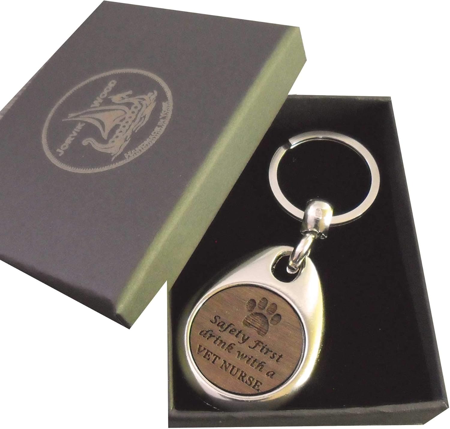 Jorvik Wood Funny Vet Nurse Design Wooden Keyring with Gift Box, Brown, 2cm
