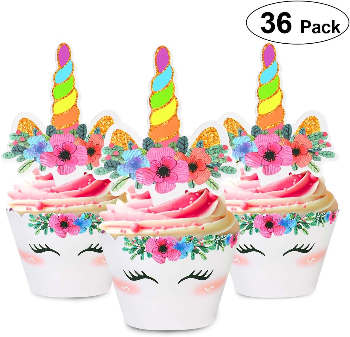 Unicorn Cupcake Topper and Wrappers Double Sided Cake Decorations for Unicorn Birthday Party Supplies