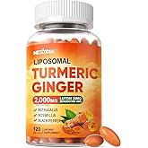 Liposomal Turmeric Curcumin and Ginger Supplement Softgels 2000mg, 95% Curcuminoids, Organic Turmeric Root Extract with Black Pepper for Superior Absorption, Plus Lutein Zeaxanthin, Non-GMO, 120 Pills