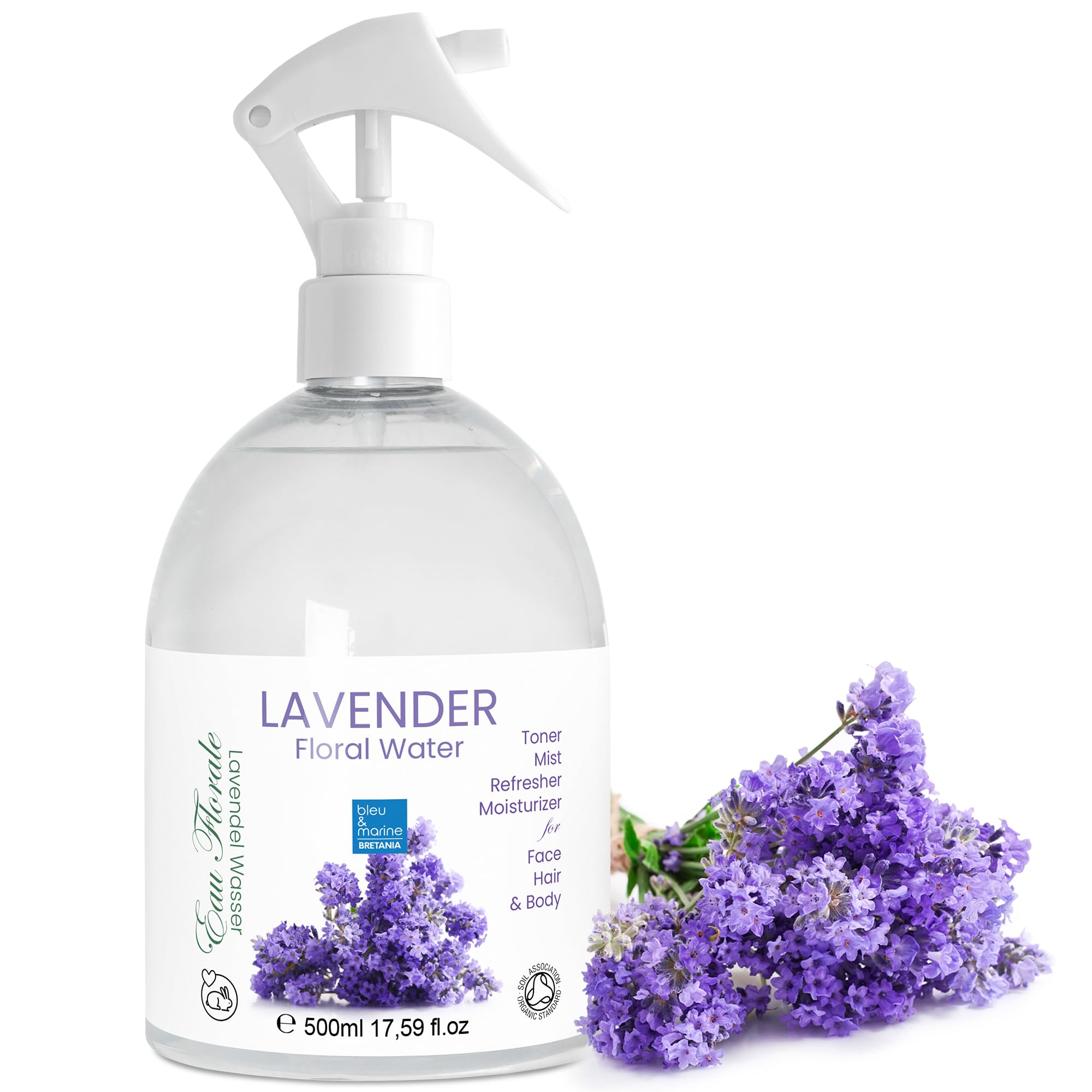 bleu & marine Bretania - Organic Lavender Floral Water 500 ML | Distilled from Wild Lavandula Angustifolia | Calming and Cooling Properties | Delicate Floral Aroma, 17.59 Fl oz