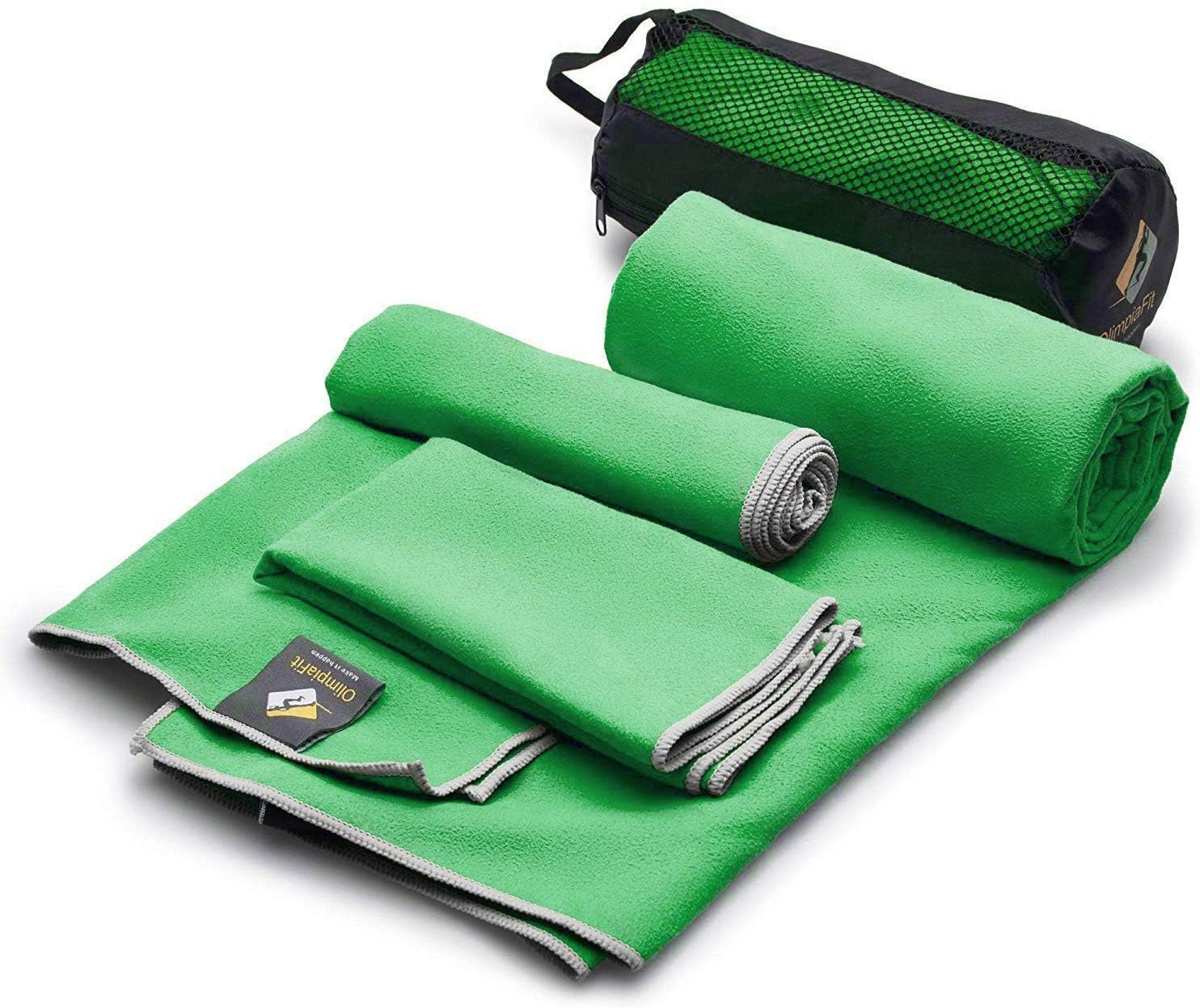OlimpiaFit Set of 3 Microfiber Towels - Best For Gym Travel Camp Beach Backpacking Sports Outdoor Swim - Quick Dry Fast · Absorbent · Lightweight Men Women Gift Toiletry Bag (green)