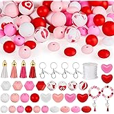 Hotop 150 Pcs Valentines's Day Silicone Beads Set Heart Shape Focal Round Hexagon Beads with Elastic Rope for Keychain Making Lanyards Pens Bracelet Jewelry Making DIY Crafts, 12/15mm