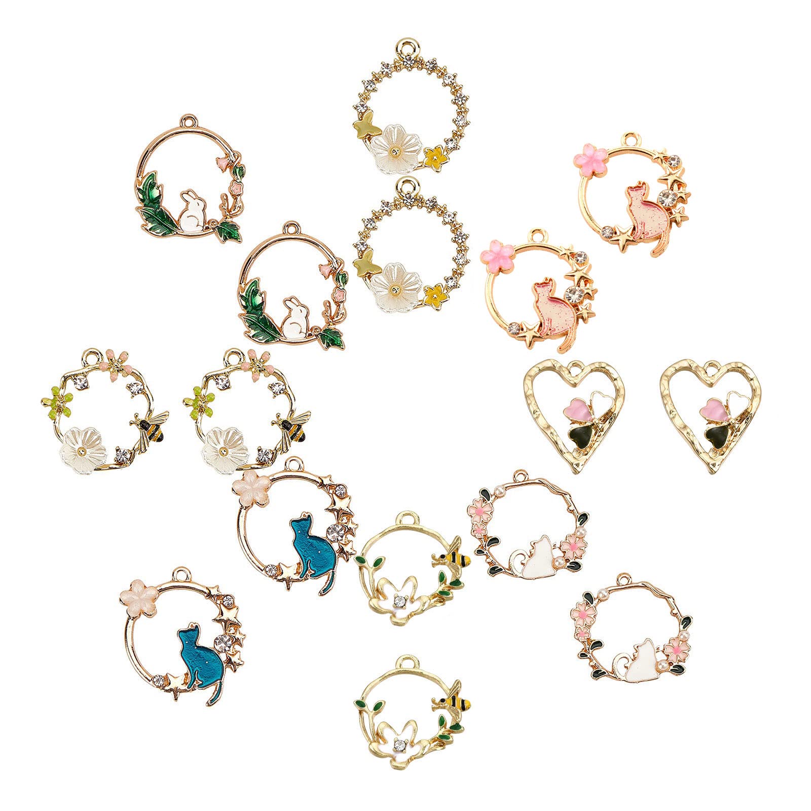 SUNNYCLUE 8 Styles Enamel Flower Cat Rabbit Pendant Charms Alloy Enamel Flower Charms Bulk Jewelry Findings for Earring Bracelet Necklace Jewelry Making Supplies Craft