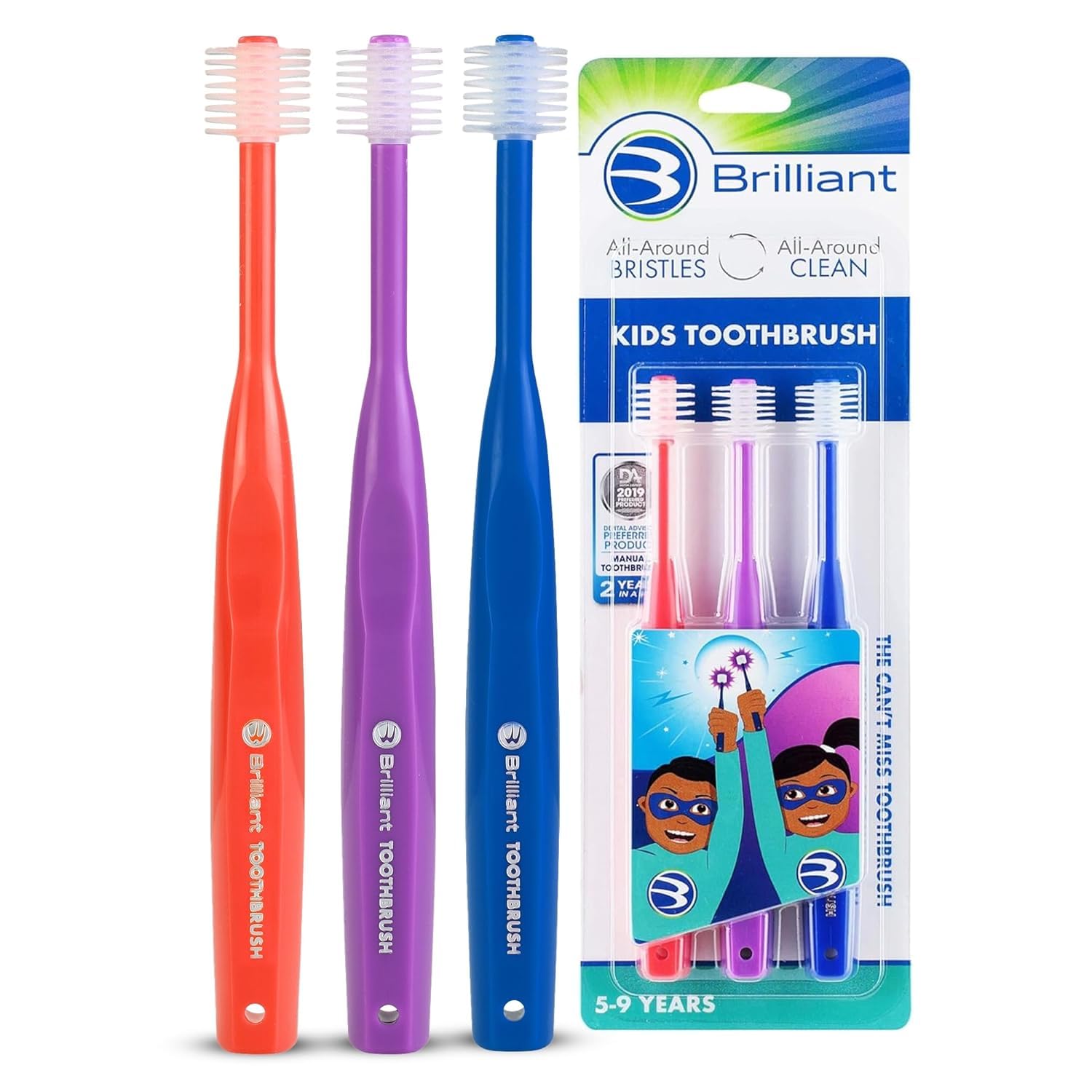 Brilliant Kids Toothbrush, Age 5-9 Years Old, Girl or Boy, Use When Adult Teeth Arrive, Round Brush Head, Micro Bristles Clean Whole Mouth, Children's Dental Products, Red-Purple-Royal, 3 Count Pack