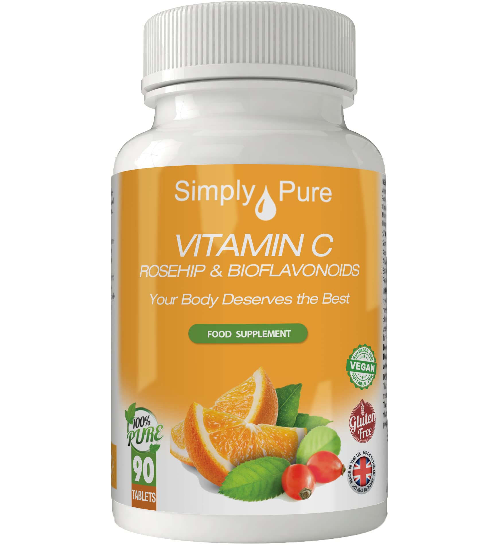 Simply Pure 100% Natural Vitamin C from Rosehips & Citrus Bioflavonoids for Immunity and Collagen Boost | 1400mg Tablets x 90 | High Strength | Gluten Free | GM Free | Vegan