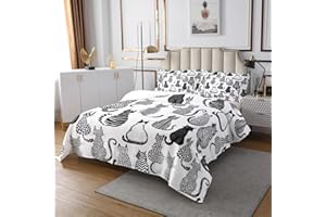 CASTLE FAIRY Cute Cat Pattern Quilt Set for Kids Teens,Cat Silhouette Bedspread,Black and White Bed Cover Striped Polka Dots Bedding Set Decorative Quilted 2 Piece Coverlet Set with 1 Pillow Sham,Twin Size