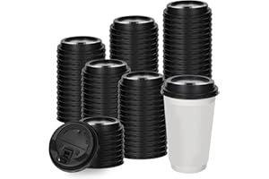 AHQIZFX 200 Pack Coffee Cup Lids, Disposable Plastic Coffee Cups with Lids for 10/12/16/20 Oz Paper Cups, Hot/Cold Drinking Cup Covers 3.54 Inches/90 Mm Diameter Black