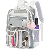 Lrenagao Clear Backpacks for Girls Women, Heavy Duty PVC Transparent School Bookbag See Through Back Pack for College Work Travel (White)