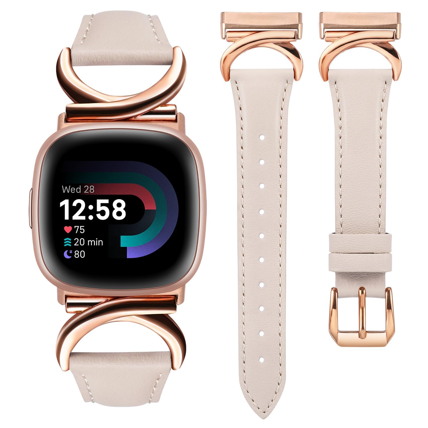 TOYOUTHS Leather Strap Compatible with Fitbit Versa 4/Versa 3/Sense 2 Women Slim Thin Dressy Elegant Premium Leather Strap with C-Shaped Metal Buckle for Versa 4, Starlight/Rose Gold