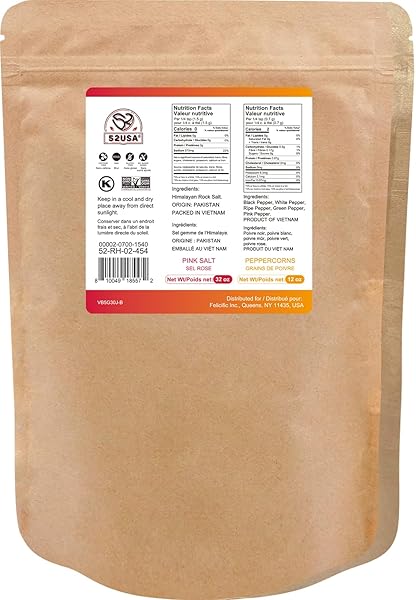 52USA RAINBOW PEPPERCORN BLEND 12OZ + HIMALAYAN PINK SALT COARSE 2 LB (PACK OF 2), KOSHER, PACKED TO KEEP PEPPER FRESH, SALT AND PEPPERCORNS FOR GRINDER REFILL