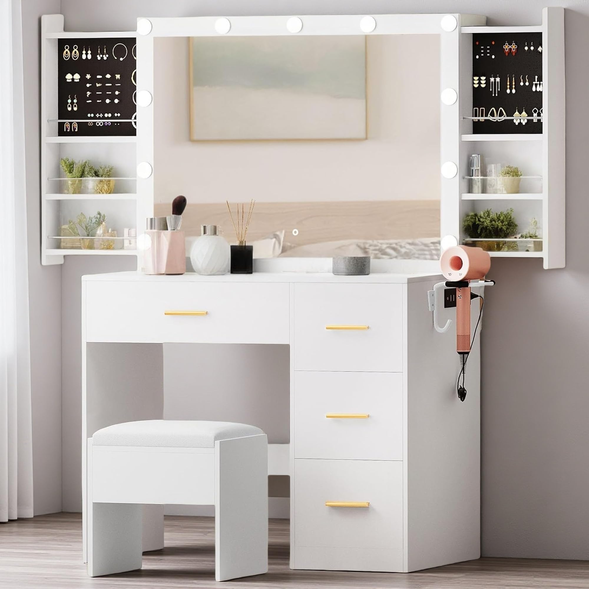 Photo 1 of (MAJOR PARTS XL, ASSEMBLY REQUIRED* DWVO Vanity Table Set with Lighted Mirror and Stool, Makeup Desk with Power Outlets and 4 Drawers, Stylish Dressing Table