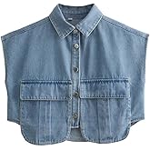 Perbai Womens Cropped Button Down Shirt Summer Collared Sleeveless Loose Denim Top with Pockets