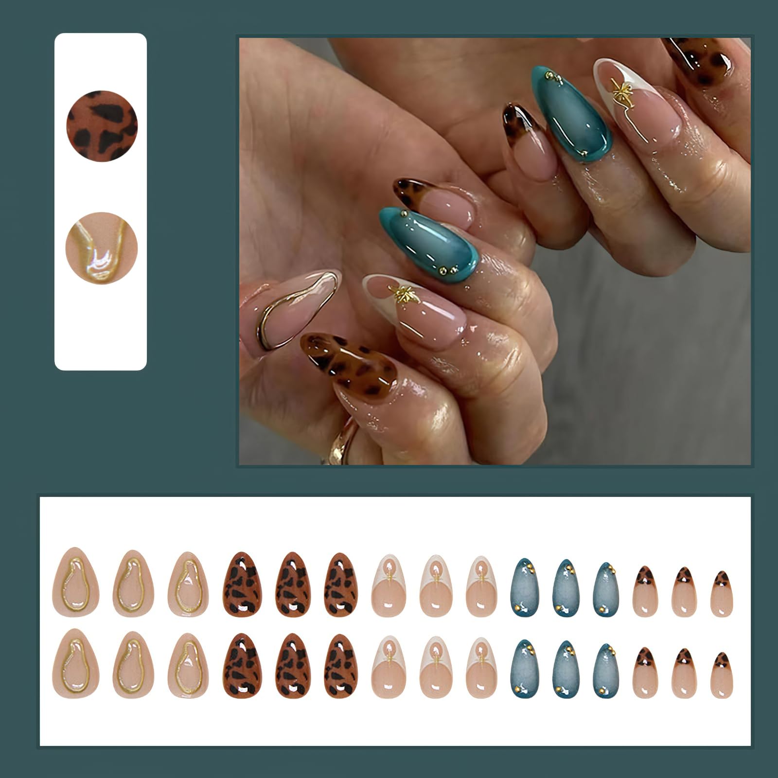 Jremg Press on Nails Medium Almond Fake Nails with Designs Brown Leopard French Tip Glue on Nails 3D Gold Star Charms Full Cover False Nails Blue White Gradient Stick on Nails for Women Girls 24Pcs - Image 5