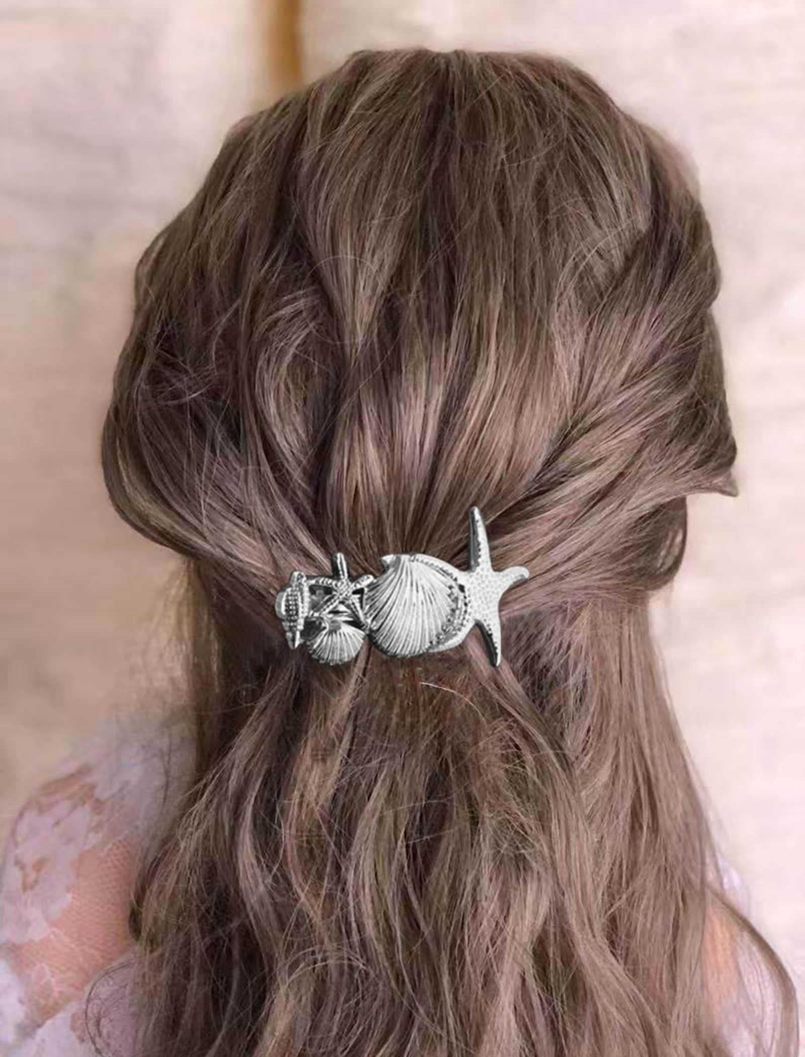 Wendalern Boho Starfish Hair Clips Seashell Starfish Hair Barrette Clips Silver Shell Barrette Hairpin Vintage Starfish Metal Hairclips Accessory for Women and Girls