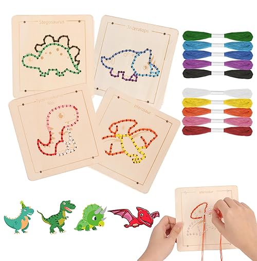 Plliocse Threading Toys, Wooden Lacing Dinosaur Toys, Children's Lacing and Tracing Toys, Cute Threading Toy Game for Preschoolers, 3 4 5 6 Years Old Boys & Girls (Dinosaur)
