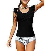 Perdeca Girls Swimsuit 2 Piece Bathing Suit Criss Cross Ruched Tankini Sets High Waisted Girls' Swimwear for 7-16 Years