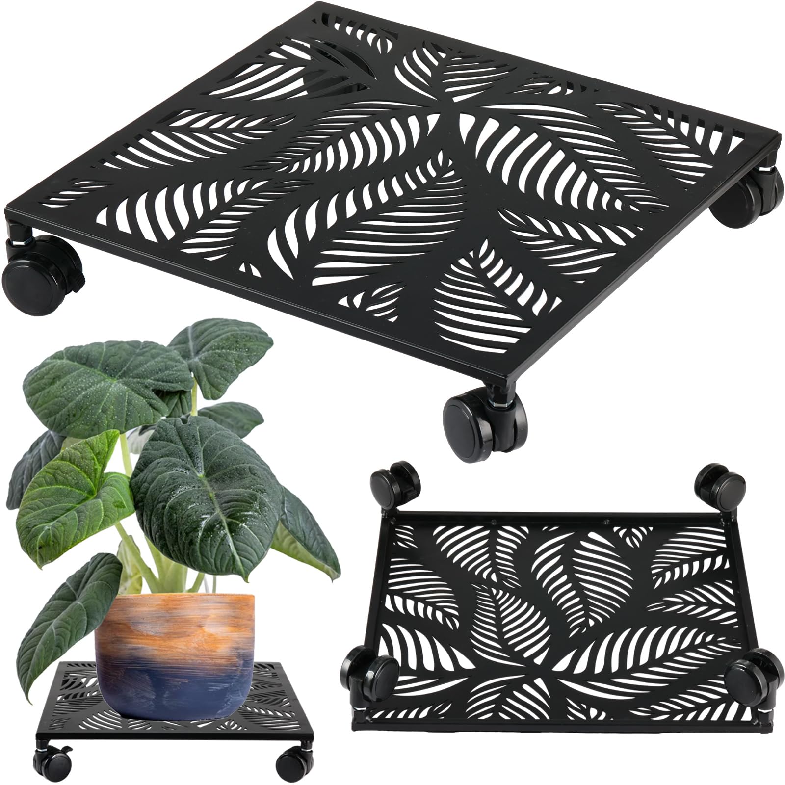 Photo 1 of 1-pack 13.5 Inches Square Metal Plant Caddy with Wheels Heavy Duty Large Rolling Plant Stand Indoor Outdoor Wheeled Planter Dolly Cart with Lockable Casters Flower Pot Mover Roller Trolley, Black