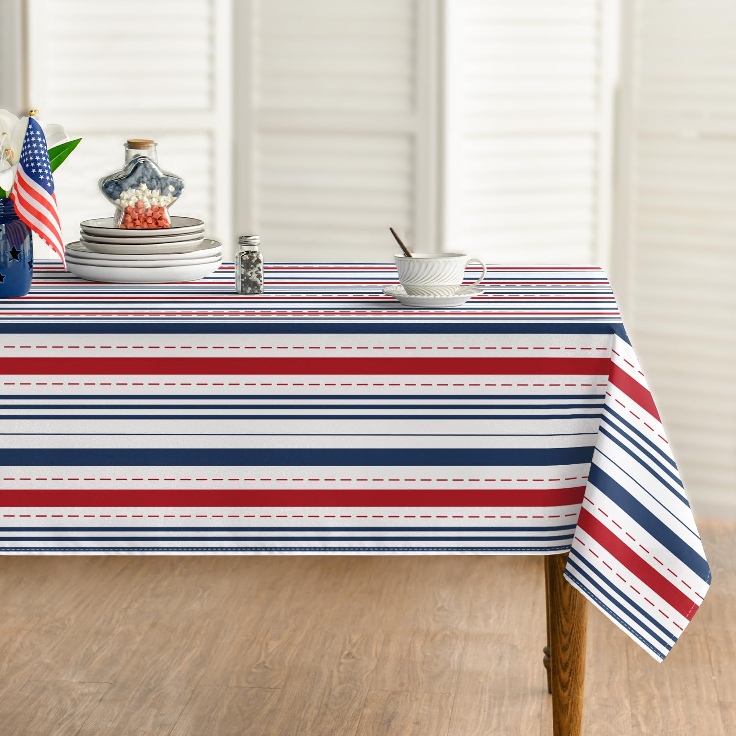 Photo 1 of Horaldaily 4th of July Tablecloth 60×84 Inch Rectangular, Red and Blue Stripes Washable Table Cloth Patriotic Party Supplies for Indoor Outdoor Kitchen Dinning Tables