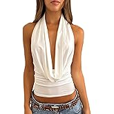 TUWIXIUW Cowl Neck Backless Tops Women Ruched Halter Tank Top Draped Front Open Back Y2k Going Out Crop Vest Tops