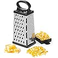 Starfrit Stainless Steel 4-Sided Boxed Grater with Removable Base Cover and Measuring Cup - Corner Cut-Outs to Measure Output