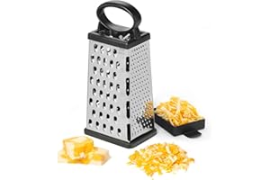 Starfrit Stainless Steel 4-Sided Boxed Grater with Removable Base Cover and Measuring Cup - Corner Cut-Outs to Measure Output