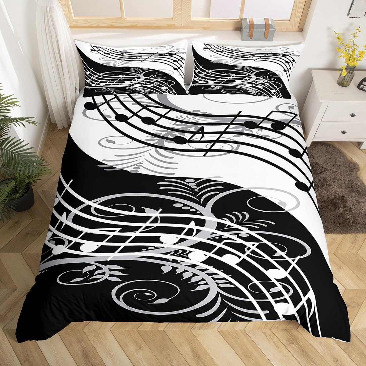 Black and White Color Comforter Cover Set for Kids Girls Teens Sheet Music Pattern Duvet Cover Microfiber Quilt Cover Decorative 3Pcs Bedding with 2 Pillowcase King (No Comforter)