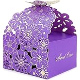 Kslong 50Pcs/Set Flower Butterfly Hollow Candy Box Cookie Gift Boxes Butterfly Party Decoration Wedding Favors Cute Chocolate Box for Wedding Bridal Birthday Party Supplies (Purple, S)