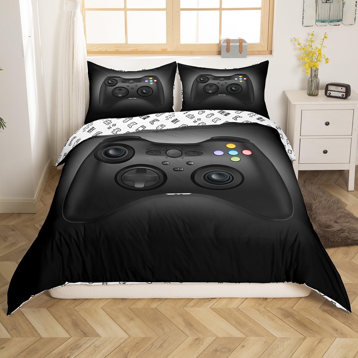 Games Duvet Cover Gamer Bedding Set Video Game Comforter Cover for Boys Girls Children Teens Bedroom Decor Novelty Modern Gamepad Controller Bedspread Single Size With 1 Pillowcase Black