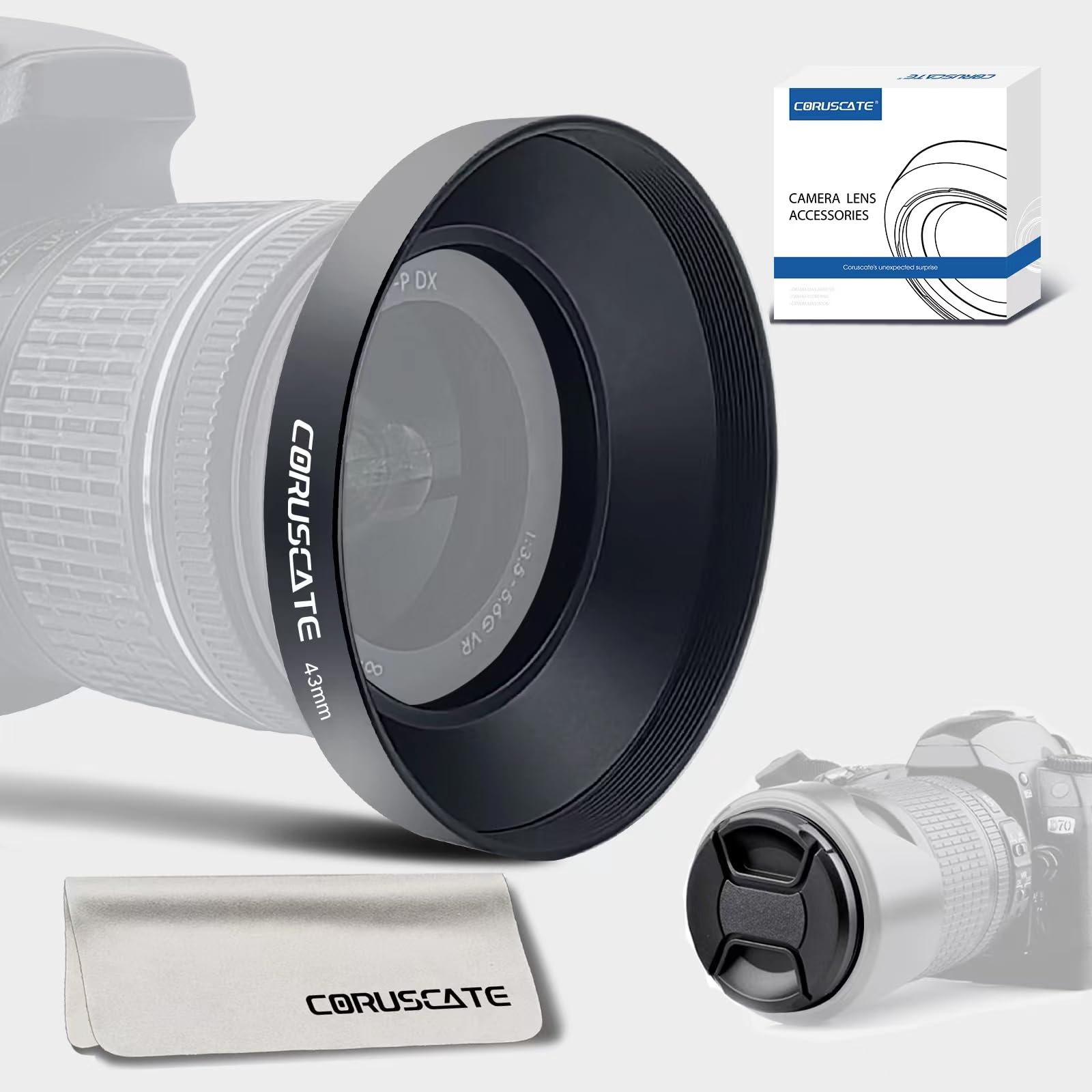 43mm Universal Metal Lens Hood,Wide Angle Lens Hood Compatible All 43mm Brands Camera lens(and easy to install and remove)+1pcs 43mm Lens Cap+1pcs Lens cleaning cloth (43mm)