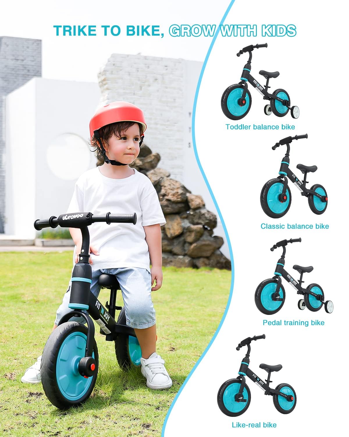 Fit 'n Joy Beginner Toddler Training Bicycle, 4-in-1 Kids Balance Bike with Pedals & Training Wheels Options, Trike to Bike Riding Toys for Boys Girls 2-5