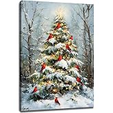 Christmas Tree Pictures for Wall,Winter Xmas Tree and Birds Canvas Art,Holiday Poster Rustic Xmas Artwork Home Decor For Living Room Bedroom Office Farmhouse,24
