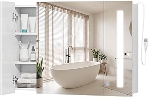 kleankin LED Medicine Cabinet with Mirror, 35.5" W x 25.5" H Wall Mounted Bathroom Mirror Cabinet with 3 Cupboards, Adjustabl