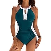 BMJL One Piece Swimsuit Women Tummy Control Modest Plus Size Bathing Suits Full Coverage Retro Color Block Swimwear
