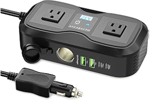 AUCARAUTO 7 in 1 Car Power Inverter, 200W DC 12V to 110V AC Car Inverter with LED Voltmeter, 4-Port PD/QC3.0 Charge, 2 Car Outlets and Cigarette Lighter Adapter USB C Car Charger for All Car Devices