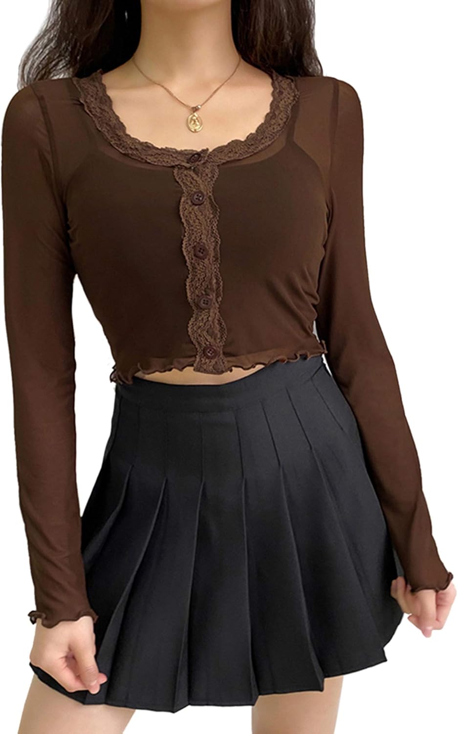 Floerns Camicetta a maniche lunghe a campana trasparente da donna Plus Size, nero, Large Più
