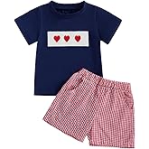 Karuedoo Toddler Baby Boy Valentine's Day Outfit Heart Embroidery Smocked Short Sleeve T-Shirt Top Plaid Shorts Set