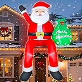 8FT Santa Claus Sitting on The Roof Christmas Inflatable Decoration with Gift Bag & Built-in LEDs, Giant Blow Up Inflatable Christmas Decorations Outdoor for Xmas Yard Terraces Balcony