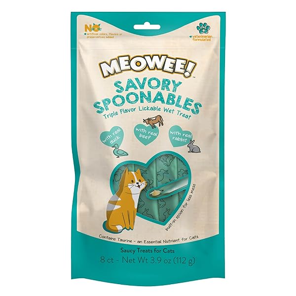 MEOWEE! SAVORY SPOONABLES WITH REAL DUCK, BEEF AND RABBIT FOR CATS, 8 COUNT, TREAT YOUR CAT TO TRIPLE FLAVOR SQUEEZABLE LICKABLE WET TREATS WITH BUILT-IN SPOON FOR LESS MESS
