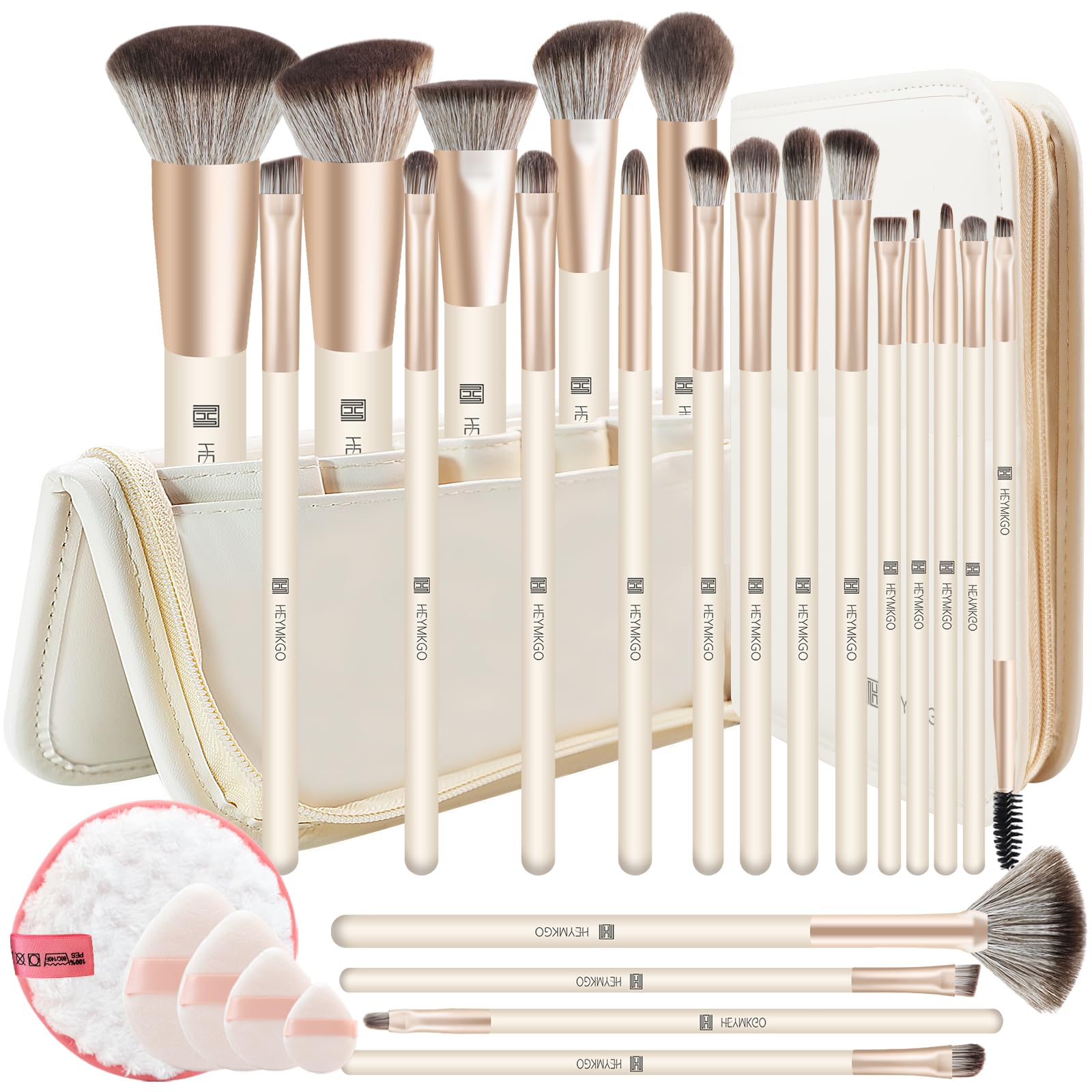 HEYMKGO Makeup Brushes Set Professional Premium Synthetic Foundation Powder Blush Blending Face Brush Eyeshadow Eyeliner Make Up Brush Kit 22PCS + 4 Makeup Puffs + Clean Sponge+Travel Cosmetics Bag