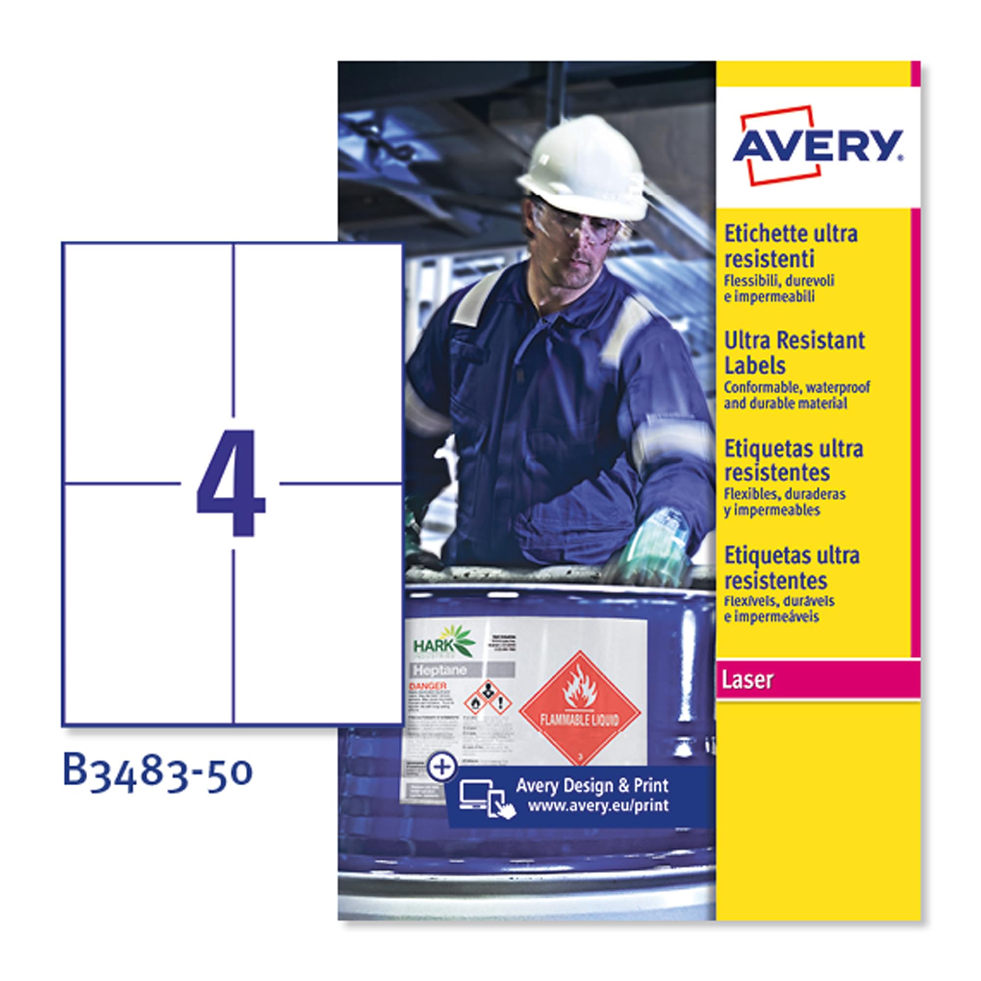 Avery B3483-50 Extra Strong Adhesive, Ultra Heavy Duty Industrial Waterproof Labels, 4 Labels Per A4 Sheet, White