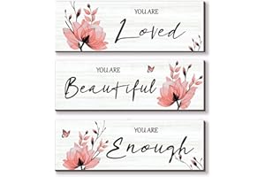 ONIZHITY 3 Pcs Pink Bedroom Decor Pink Flower Girl Bedroom Decor Pink Bathroom Decor with You Are Loved Inspirational Quote Pink Floral for Girl Women Bedroom Living Room Kitchen Office(Pink 12x4)