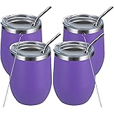 MEWAY 12oz/4 Pack Wine Tumbler Glasses with Lid - Stemless Double Wall Vacuum Stainless Steel Travel Tumbler - Keeping Cold & Hot for Wine,Coffee,Cocktails,Drinks-Family and Gifts (Purple,Set of 4)