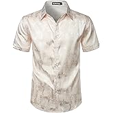 ZEROYAA Men's Shiny Luxury Silk Satin Jacquard Dress Shirt Short Sleeve Button Up Shirts for Party Prom