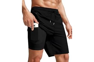 Yufawow Men Swim Trunks with Compression 9 Inches Breathabe Liner Quick Dry Zipper Pockets for Board Beach Gym Running