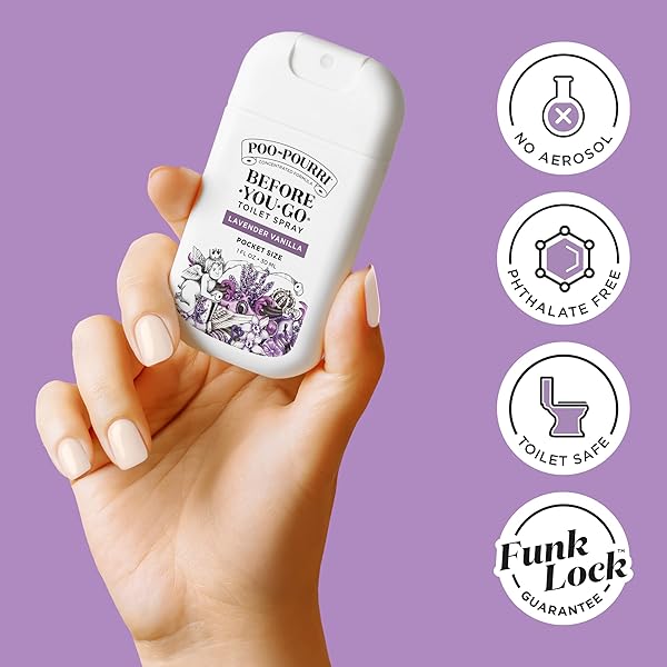 POO-POURRI BEFORE-YOU-GO POCKET TOILET SPRAY, TRAVEL ESSENTIALS, LAVENDER VANILLA, 1 FL OZ, UP TO 50 USES, ON-THE-GO BATHROOM ODOR DEODORIZER WITH ESSENTIAL OILS, TSA APPROVED SIZE