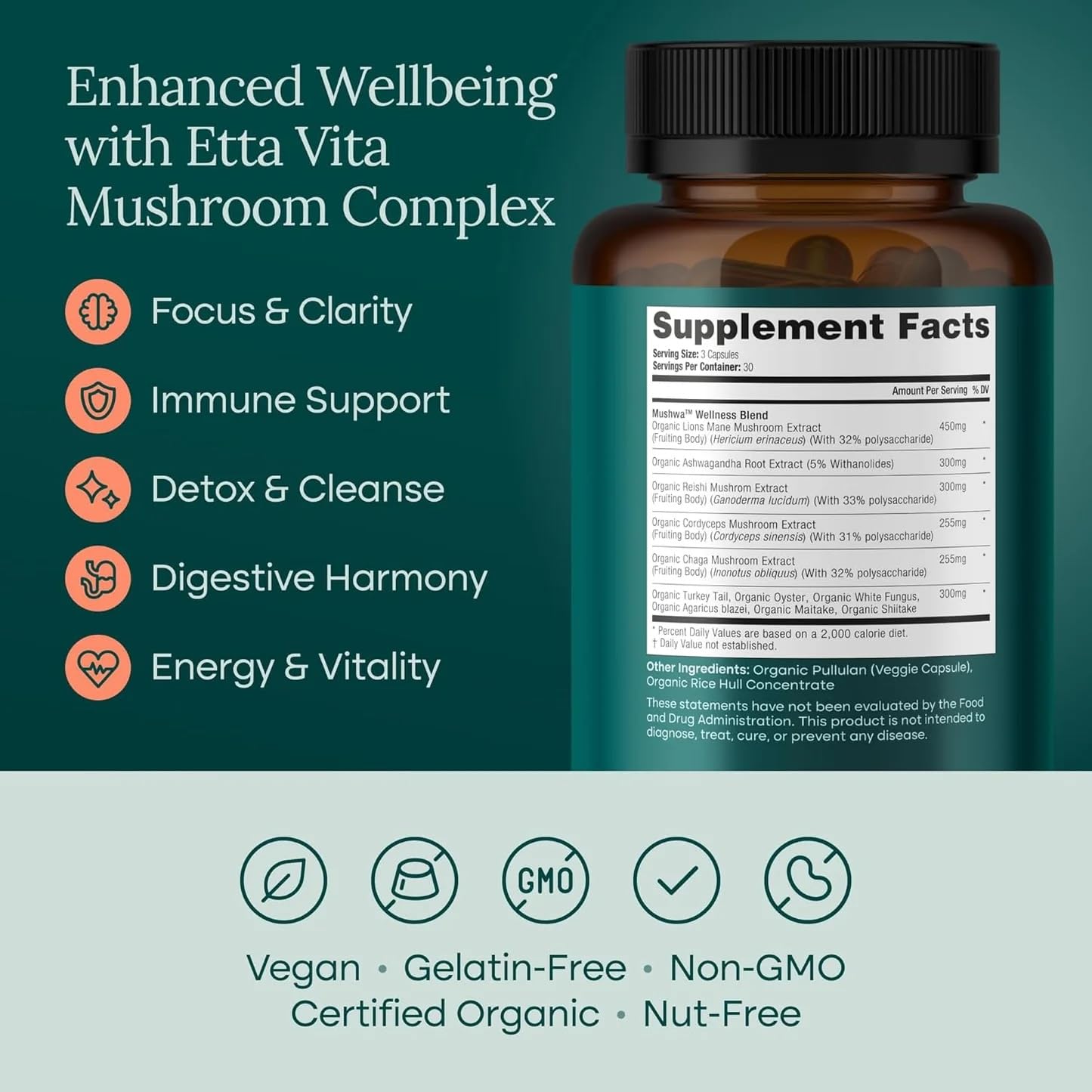 USDA Organic Lions Mane Supplement Capsules with Ashwagandha, Chaga, Reishi, Cordyceps, Turkey Tail (18,600mg/serv) 10x Adaptogenic Mushroom Complex as Focus Supplement - Energy, Immunity & Nootropic