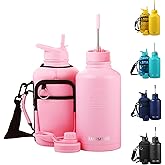 FAHRMOSIS 64 Oz Insulated Water Bottle with Strap Stainless Steel Sports Water Bottle with 3 Lids (Straw, Chug and Flip Lid) Leak Proof Metal Half Gallon Jug for Men & Women - Pink (Solid)
