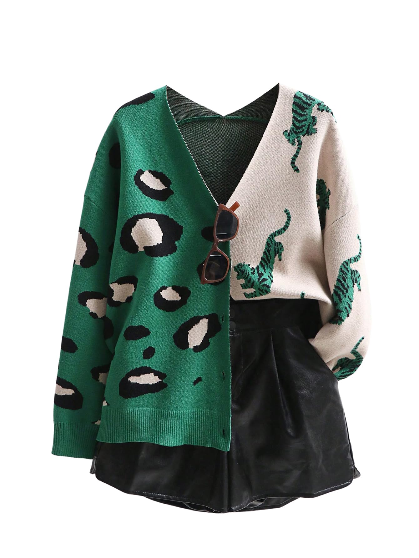 Photo 1 of WDIRARA Women's Leopard Tiger Print Cardigan V Neck Long Sleeve Color Block Button Down Sweater Outwear Green Multicolor Medium