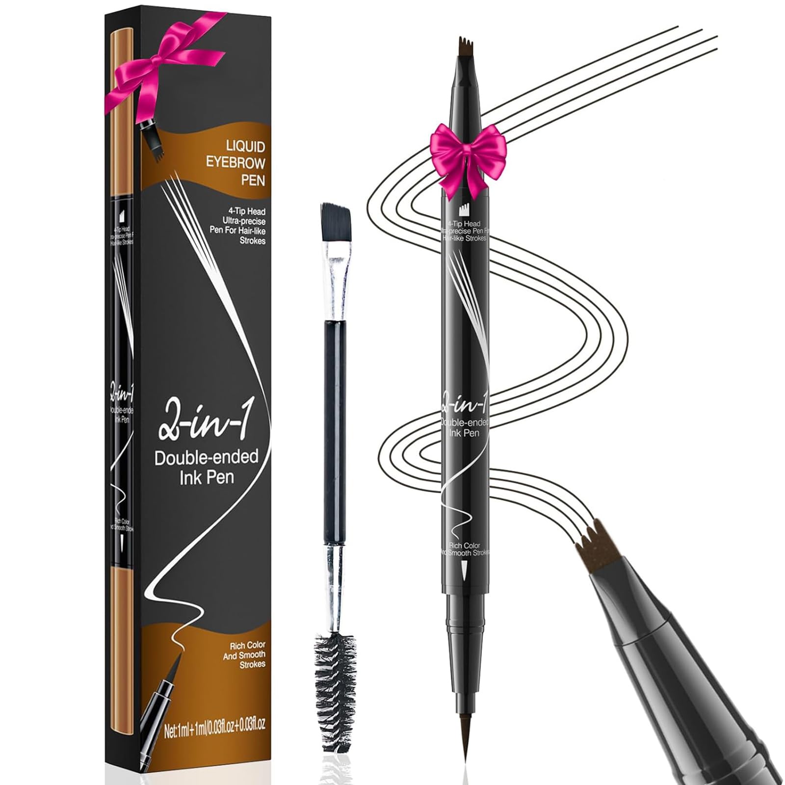 Eyebrow Pencil, 2-in-1 Waterproof Microblading Eyebrow Pen, Long-Lasting Smudgeproof Brow Pen with 4 Fork Tip, Dual-ended Magic Brow Pencil for Natural-Looking Hair-Like Defined Brows (Dark Brown)